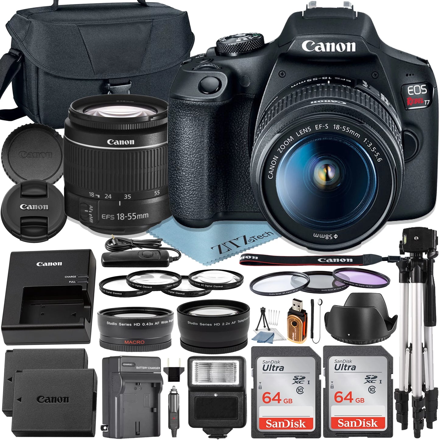 Canon EOS Rebel T7 DSLR Camera with 18-55Mm Lens + 2 Pcs Sandisk 64GB Memory Card + Case + Tripod + Telephoto +  Accessory Bundle