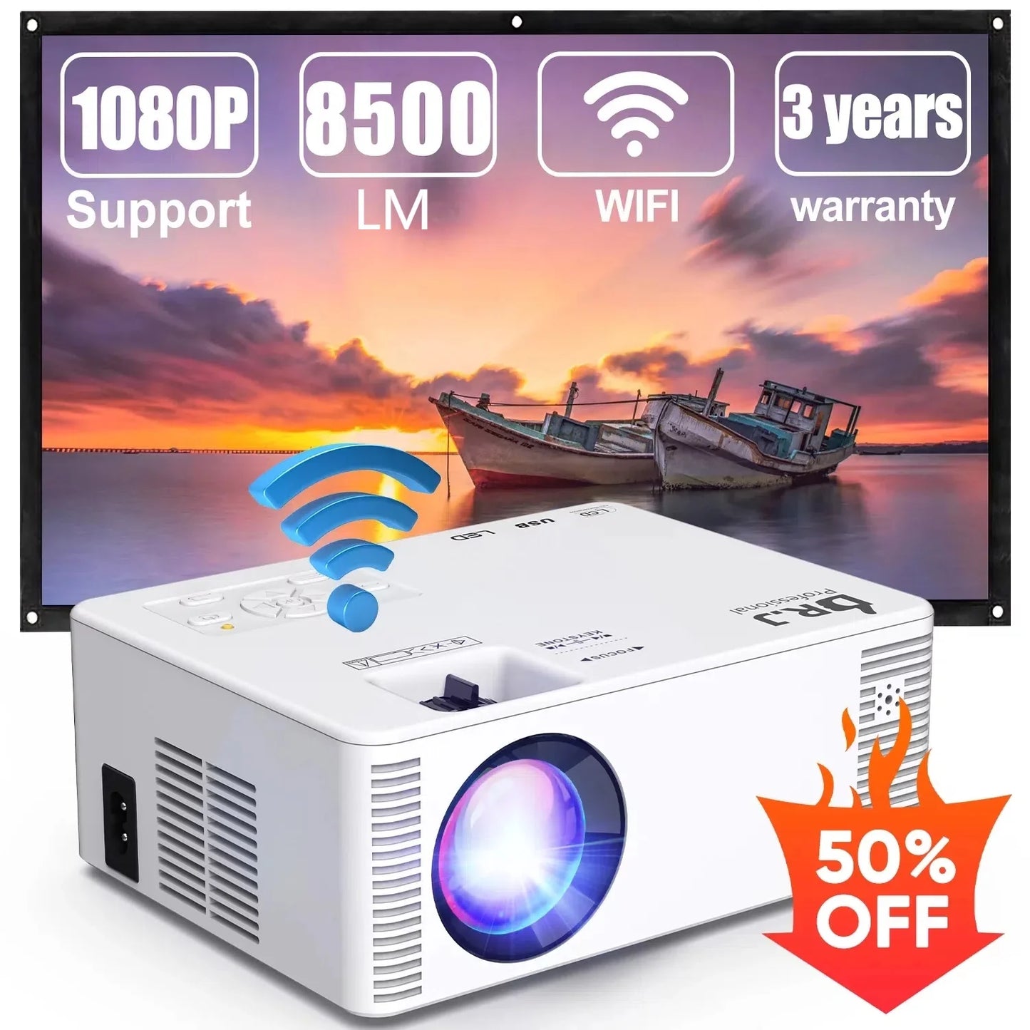 Projector with Wifi, Mini Projector for Outdoor, 8500L Movie Projector Support 1080P for Home Theater with HDMI